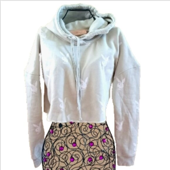 NWOT Playboy Missguided Cropped Hoodie Cotton Blend Sweatshirt Sea Foam Size M - Picture 1 of 16